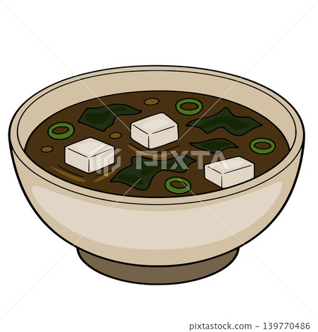 Vector illustration of a bowl of Japanese miso soup with tofu and seaweed Vector illustration of a bowl of Japanese miso soup with tofu and seaweed 139770486
