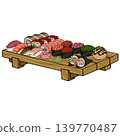 Assortment of delicious Japanese sushi and rolls on a wooden platter, vector illustration 139770487
