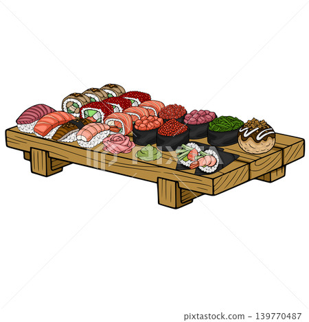 Assortment of delicious Japanese sushi and rolls on a wooden platter, vector illustration 139770487
