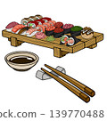 Vector illustration of a wooden platter filled with assorted sushi, nigiri, and rolls, with a soy sauce dish and chopsticks. 139770488