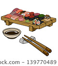 Vector illustration of a delicious Japanese sushi platter with soy sauce and chopsticks 139770489