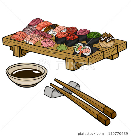 Vector illustration of a delicious Japanese sushi platter with soy sauce and chopsticks 139770489