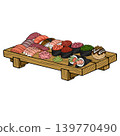 Assortment of delicious Japanese sushi and sashimi vector illustration on wooden platter 139770490