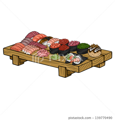 Assortment of delicious Japanese sushi and sashimi vector illustration on wooden platter Assortment of delicious Japanese sushi and sashimi vector illustration on wooden platter 139770490