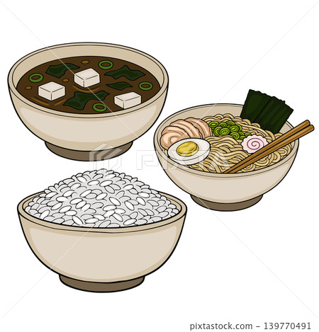 Delicious Japanese Food Vector Illustration: Ramen, Miso Soup and Rice Bowls 139770491