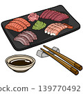Japanese Sashimi Platter Vector Illustration with Tuna, Salmon, Octopus, Shrimp, Wasabi, Ginger, Soy Sauce, and Chopsticks 139770492