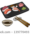 Set of delicious sushi nigiri vector illustration with chopsticks and soy sauce 139770493