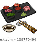 Vector illustration of Japanese sushi assortment with ikura, tuna, seaweed salad, pickled ginger, wasabi, soy sauce, and chopsticks on a black tray 139770494