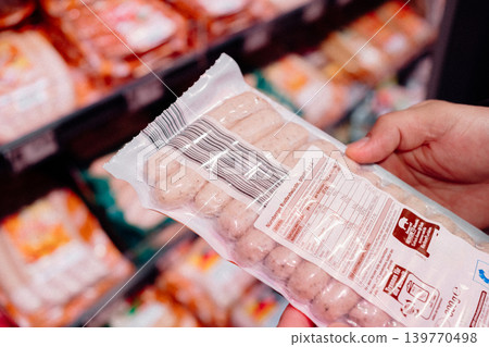 Hand holding packaged sausages while shopping in supermarket refrigerated aisle. Everyday grocery shopping concept with meat products and modern retail environment. Hand holding packaged sausages while shopping in supermarket refrigerated aisle. Everyday grocery shopping concept with meat products and modern retail environment. 139770498