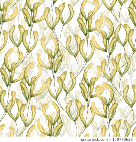 Seamless pattern of hand painted watercolor green yellow maple seeds. Autumn acer wings botanical wallpaper design on isolated background. Natural texture for fabric print, stationery decor. 139770626