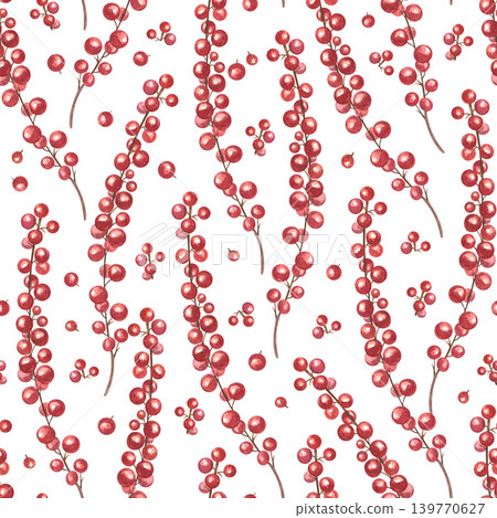 Watercolor cotoneaster branch with red berries seamless pattern on isolated background. Bright winter berries on twigs illustration for holiday textile design. Christmas decoration with natural plant Watercolor cotoneaster branch with red berries seamless pattern on isolated background. Bright winter berries on twigs illustration for holiday textile design. Christmas decoration with natural plant 139770627