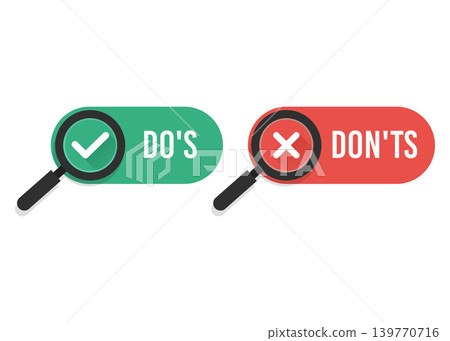 Dos and donts comparison with magnifying glass icons stock illustration. Dos and donts comparison with magnifying glass icons stock illustration. 139770716