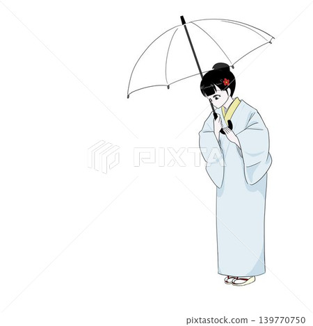 雨天,一位穿著和服的女子低頭看著自己的腳。 雨天,一位穿著和服的女子低頭看著自己的腳。 139770750