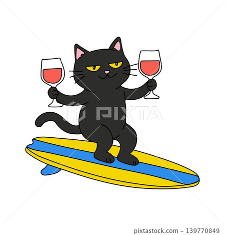 Funny Cat on Surfboard Holding Wine Cartoon 139770849