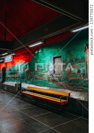 Green fresco mural and yellow bench at Stockholm Tunnelbana metro station Green fresco mural and yellow bench at Stockholm Tunnelbana metro station 139770872