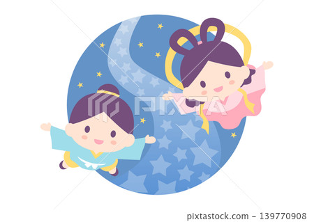 A cute illustration of Hikoboshi, Orihime, and the Milky Way A cute illustration of Hikoboshi, Orihime, and the Milky Way 139770908