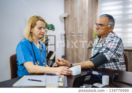 Senior man receives medical check-up in a cozy office Senior man receives medical check-up in a cozy office 139770990