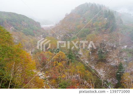 Tokachidake Onsen: A fantastical autumn scene of mist, adorned with the first snow and autumn leaves. 139771000