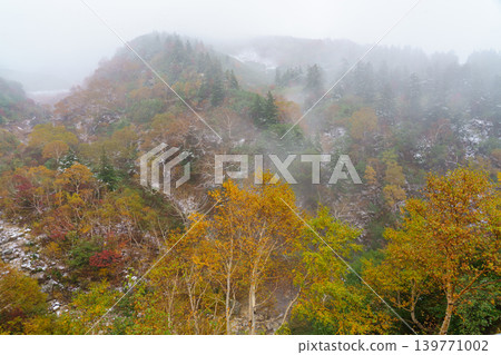 Tokachidake Onsen: A fantastical autumn scene of mist, adorned with the first snow and autumn leaves. Tokachidake Onsen: A fantastical autumn scene of mist, adorned with the first snow and autumn leaves. 139771002