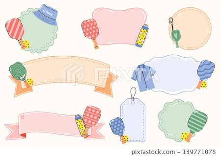 Retro pickleball banners and tags set with paddles and sports gear Retro pickleball banners and tags set with paddles and sports gear 139771078