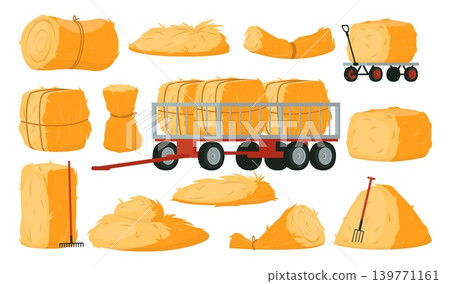 Hay bales. Sheaves and tools. Farm equipment. Machinery and tools for dry grass harvesting. Livestock feed. Forage racks and stacks. Haylofts bundles. Ranch haycock blocks vector set 139771161