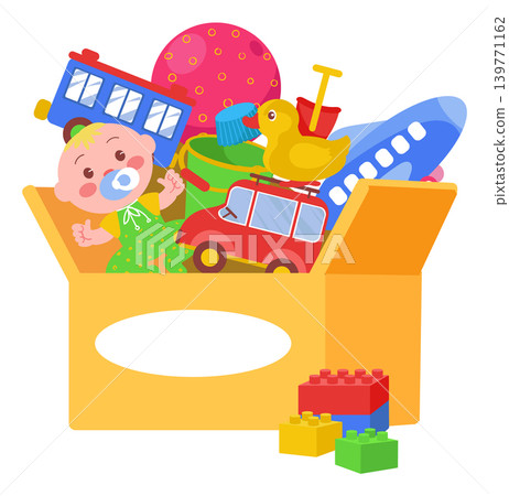 Kids toys box. Childish humanitarian aid in containers. Charity donations for toddler. Colorful dolls or cars. Shovel and bucket. Constructor blocks. Children game. Splendid vector concept 139771162