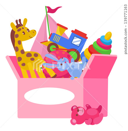 Kids toys box. Childish humanitarian aid in containers. Charity donations for toddlers. Colorful pyramids or cars. Plush animals. Train and bunny. Children game. Splendid vector concept 139771163