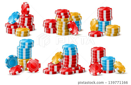 Realistic stacks of casino chips. 3D game elements. Isolated objects from world of gambling. Heaps of roulette bets. Colorful plastic game pieces. Gamble coins. Vector Vegas tokens set 139771166