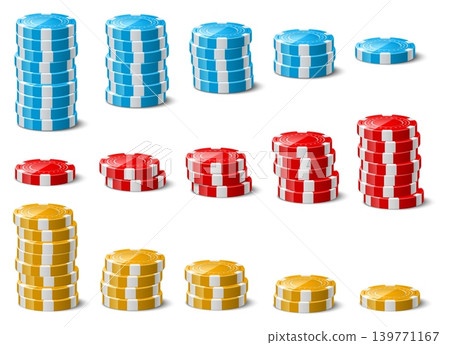 Realistic stacks of chips. 3D fortune game play elements. Roulette betting. Vegas cash column steps. Gamble coins amount. Winning circles. Risky entertainment. Casino tokens vector set Realistic stacks of chips. 3D fortune game play elements. Roulette betting. Vegas cash column steps. Gamble coins amount. Winning circles. Risky entertainment. Casino tokens vector set 139771167