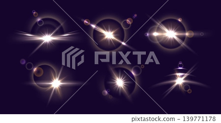 Realistic sun glare. Abstract optical flare. Shining rays. Circular flash of light. Bokeh glints. Eclipse with star twinkles. Universe spotlight reflection. Vector starlight radiance set Realistic sun glare. Abstract optical flare. Shining rays. Circular flash of light. Bokeh glints. Eclipse with star twinkles. Universe spotlight reflection. Vector starlight radiance set 139771178