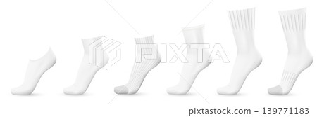 Realistic white socks. 3D renderings of classic cotton clothing. Sport elastic golfs. Athletic elastic knee highs or footprints. Understated style. Isolated footwear clothes vector set Realistic white socks. 3D renderings of classic cotton clothing. Sport elastic golfs. Athletic elastic knee highs or footprints. Understated style. Isolated footwear clothes vector set 139771183