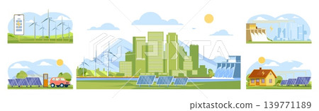 Scenes related to alternative energy sources. Solar, wind and hydroelectric power generation. Environmentally friendly technologies. Renewable or sustainable. Electric generators vector set Scenes related to alternative energy sources. Solar, wind and hydroelectric power generation. Environmentally friendly technologies. Renewable or sustainable. Electric generators vector set 139771189