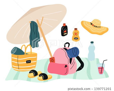 Sun protection elements. Summer travel. Sunbathing on mat under umbrella. SPF cream bottle. Sunscreen lotion for tanning. Bag for clothing. Backpack and hat. Beach relaxation vector set Sun protection elements. Summer travel. Sunbathing on mat under umbrella. SPF cream bottle. Sunscreen lotion for tanning. Bag for clothing. Backpack and hat. Beach relaxation vector set 139771201