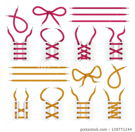 Tying shoelaces. Realistic braided laces tied in various ways. Different threads join methods. Crisscross or zigzag lacing. Ribbons with eyelets. Vector footwear cords positions set Tying shoelaces. Realistic braided laces tied in various ways. Different threads join methods. Crisscross or zigzag lacing. Ribbons with eyelets. Vector footwear cords positions set 139771244
