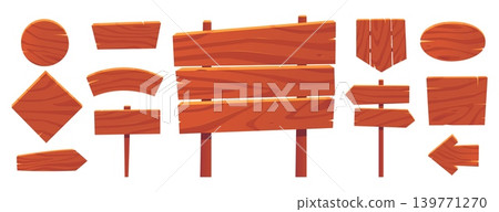 Wooden planks. Rustic retro style road signs. Vintage blank billboards. Cartoon signboards. Wood banners with textured panel. Directional arrow pointers. Vector hardwood signposts set 139771270
