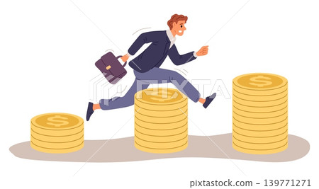 Young businessman jumps over stacks of gold coins. Business advancement. Happy man achieving financial success. Economy achievement. Vector concept of income or salary growth career Young businessman jumps over stacks of gold coins. Business advancement. Happy man achieving financial success. Economy achievement. Vector concept of income or salary growth career 139771271