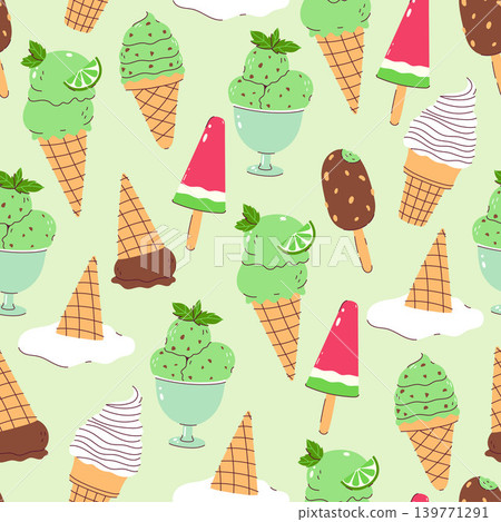 Seamless pattern of different types of ice cream. Vector graphics. Seamless pattern of different types of ice cream. Vector graphics. 139771291