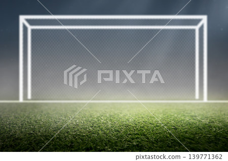 A glowing white soccer goal post stands on a lush green grass field under night stadium lights, creating an atmosphere of anticipation and sport achievement A glowing white soccer goal post stands on a lush green grass field under night stadium lights, creating an atmosphere of anticipation and sport achievement 139771362