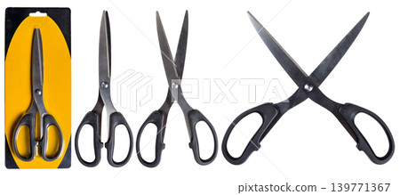 A collection of black-handled scissors showing them in retail packaging, closed, and open positions, isolated on a white background. Ideal for office, school, and craft projects A collection of black-handled scissors showing them in retail packaging, closed, and open positions, isolated on a white background. Ideal for office, school, and craft projects 139771367