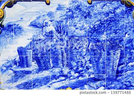 Blue azulejos with motifs from Douro Valley, train station of Pinhao, Portugal Blue azulejos with motifs from Douro Valley, train station of Pinhao, Portugal 139771488