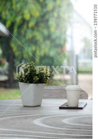 A white disposable paper coffee cup with a lid and a small potted green plant sit on a table at an outdoor cafe with a soft blurred garden background and sunlight 139771510