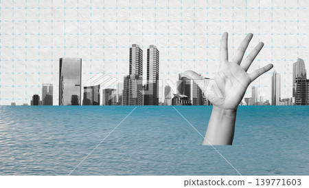 Conceptual illustration of a modern city drowning in rising blue water with a human hand reaching out for help against a grid background, representing climate change and environmental crisis 139771603
