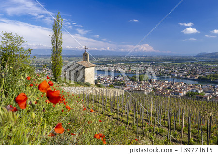 Grand cru vineyard and Chapel of Saint Christopher, Tain l'Hermitage, Rhone-Alpes, France Grand cru vineyard and Chapel of Saint Christopher, Tain l'Hermitage, Rhone-Alpes, France 139771615