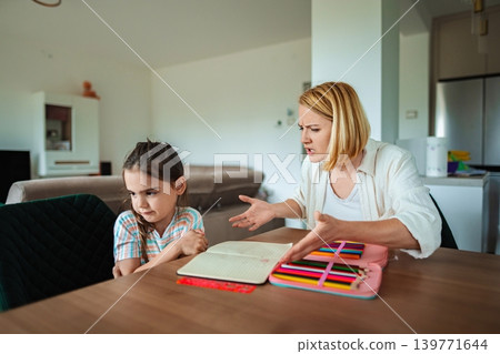 Conflict between mother and daughter during homework time Conflict between mother and daughter during homework time 139771644