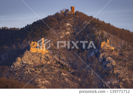 Catle ruins Chateau de Saint-Ulrich, Chateau du Girsberg and Chateau du Haut-Ribeaupierre near Ribeauville, Alsace, France Catle ruins Chateau de Saint-Ulrich, Chateau du Girsberg and Chateau du Haut-Ribeaupierre near Ribeauville, Alsace, France 139771712