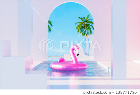 Pink flamingo pool float in modern white architecture, summer vacation concept with copy space. Pink flamingo pool float in modern white architecture, summer vacation concept with copy space. 139771750