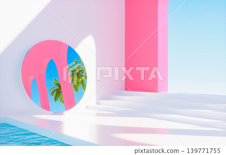 Surreal summer podium concept with a round mirror reflecting tropical palm trees and blue sky, 3D illustration. Surreal summer podium concept with a round mirror reflecting tropical palm trees and blue sky, 3D illustration. 139771755
