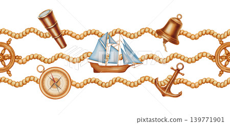 Seamless watercolor nautical border with sailboat, compass, telescope and bell. Children's, nautical, travel themes. Suitable for design, prints, postcards, sea travel Seamless watercolor nautical border with sailboat, compass, telescope and bell. Children's, nautical, travel themes. Suitable for design, prints, postcards, sea travel 139771901