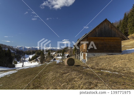 Typical wooden log cabins in Gorjuse, Triglavski national park, Slovenia Typical wooden log cabins in Gorjuse, Triglavski national park, Slovenia 139771975