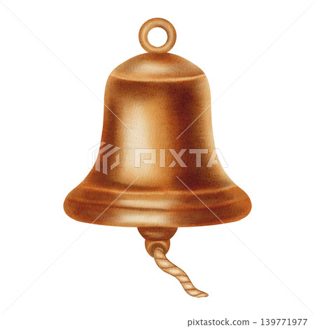Watercolor illustration of a vintage brass ship's bell with a rope. Nautical bell. Children's, nautical, and travel themes. Suitable for design, prints, postcards, sea travel Watercolor illustration of a vintage brass ship's bell with a rope. Nautical bell. Children's, nautical, and travel themes. Suitable for design, prints, postcards, sea travel 139771977